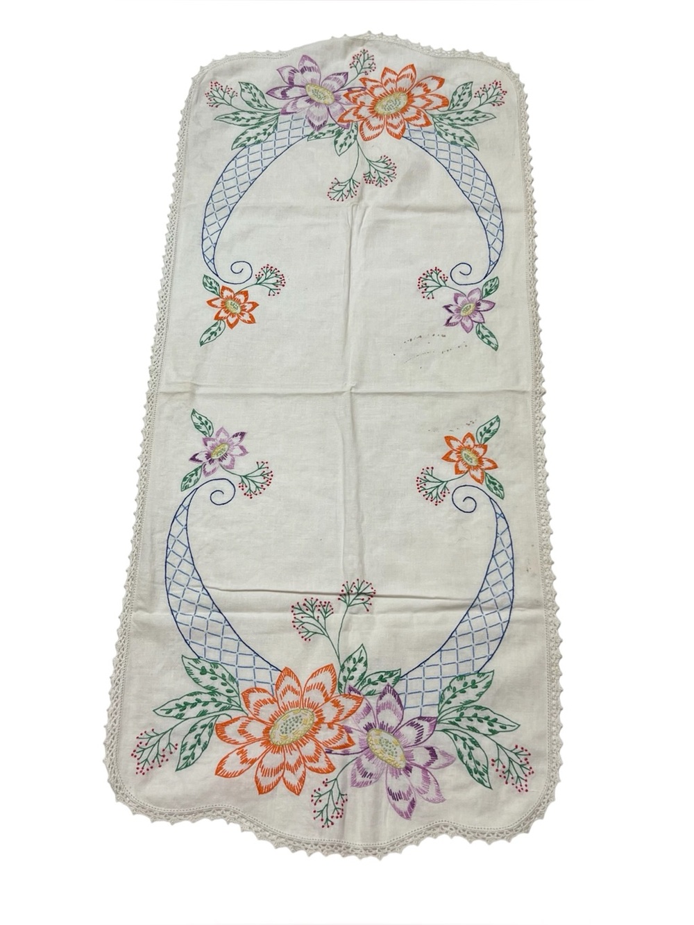 Vintage 50s Table Runner Hand Embroidered Vibrant Floral Motif Lace Border MCM